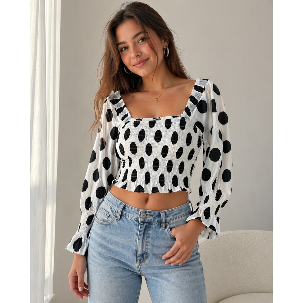 Aiden Polka Dot Smocked Top Womens‎ Large White Black Crop Long Sleeve Cotton